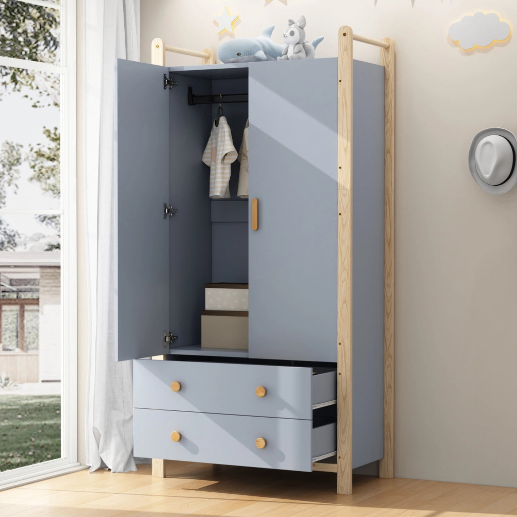 Armadio 2 ante con appendiabiti e 2 cassetti, struttura in truciolato blu, telaio in pino, 90x45x180 cm