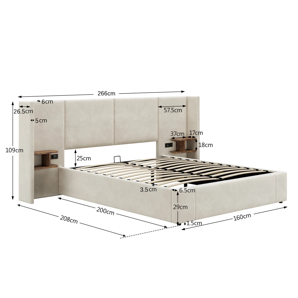 Letto contenitore 160x200 cm con USB-A; USB-C e prese; 2 comodini; rete a doghe in legno; velluto beige