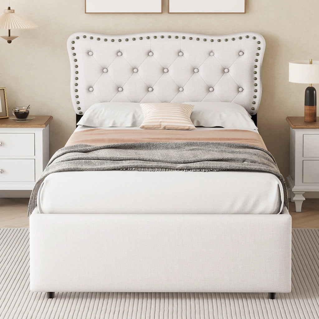Letto con cassetti 90 × 200 cm imbottito in tessuto di lino MDF beige chiaro testiera regolabile con borchie decorative