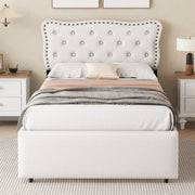Letto con cassetti 90 × 200 cm imbottito in tessuto di lino MDF beige chiaro testiera regolabile con borchie decorative