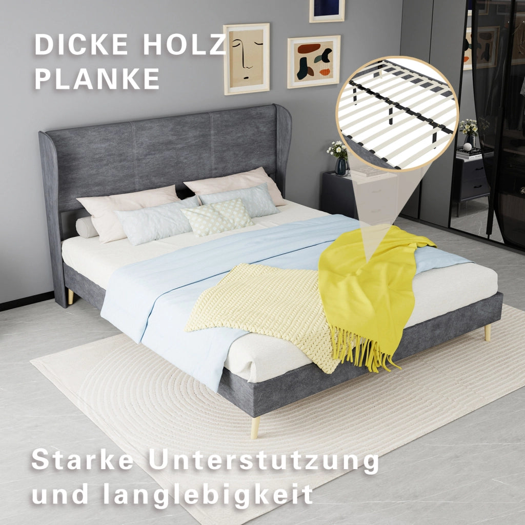 Letto Imbottito Moderno 160x200 cm con Testiera Morbida in Velluto Grigio, Base Bassa Senza Contenitore