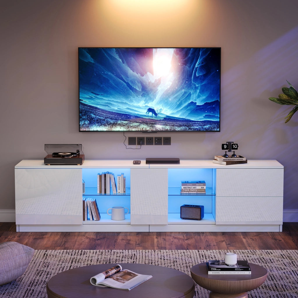 Mobile porta televisore bianco lucido con LED e due cassetti