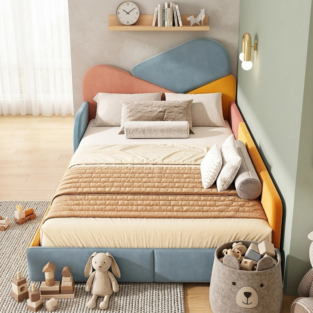Letto singolo 140 × 200 cm imbottito in velluto con protezioni laterali rialzate multicolore