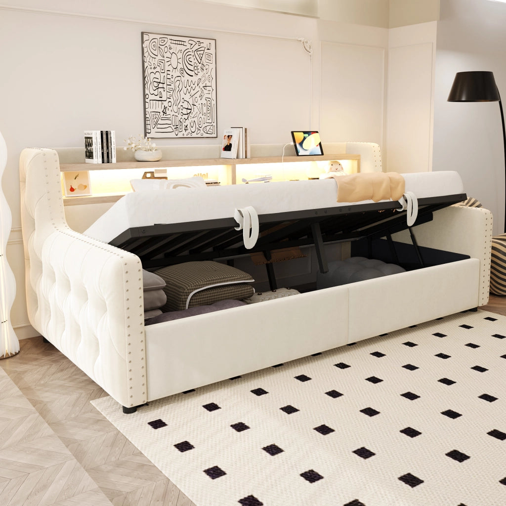 Divano letto imbottito con LED, prese e contenitore, 90x200 cm, beige