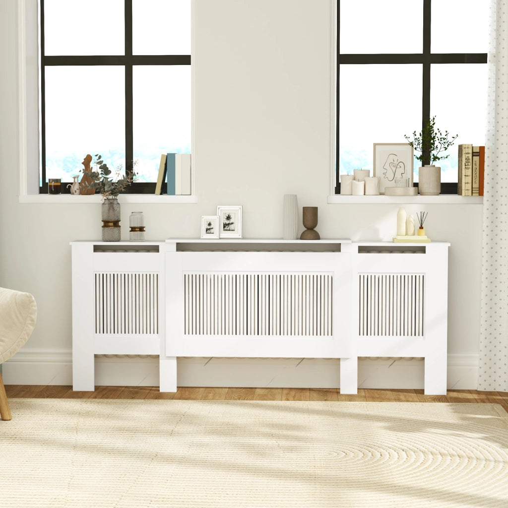 Mobile copritermosifone estensibile 125-201 cm in MDF bianco con design a doghe e ripiano per casa