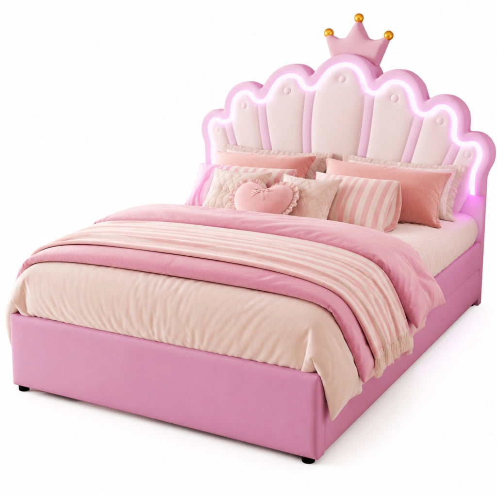 Letto imbottito a corona 140 x 200 cm con 2 cassetti; testiera regolabile; PU rosa