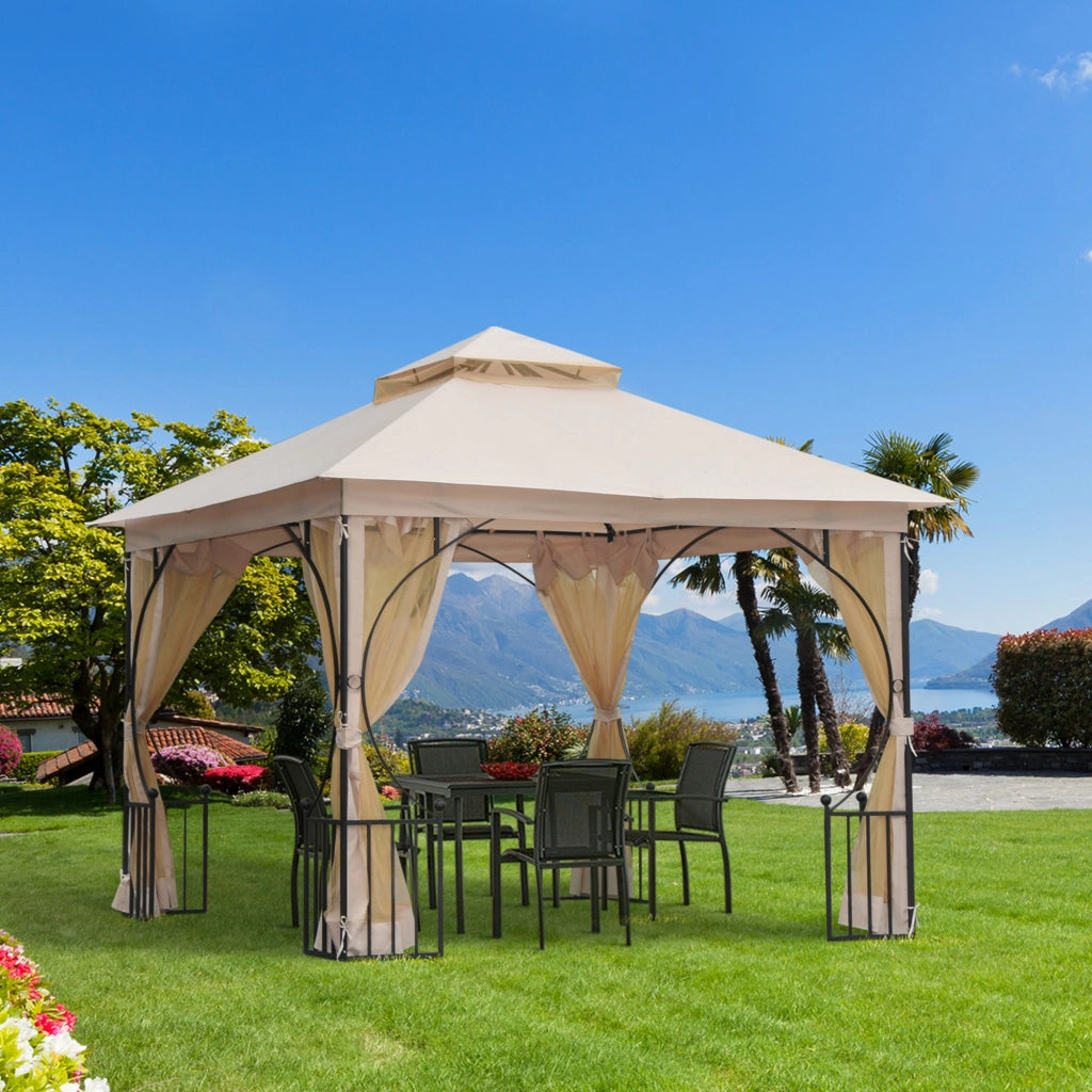 Gazebo da giardino con doppio tetto idrorepellente e zanzariere beige 295 × 295 × 275 cm per feste all'aperto