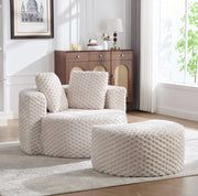Poltrona singola imbottita con pouf, design a barile 360°, tessuto in pelliccia sintetica, dimensioni 130×115×103 cm, adatta a soggiorno e camera da letto
