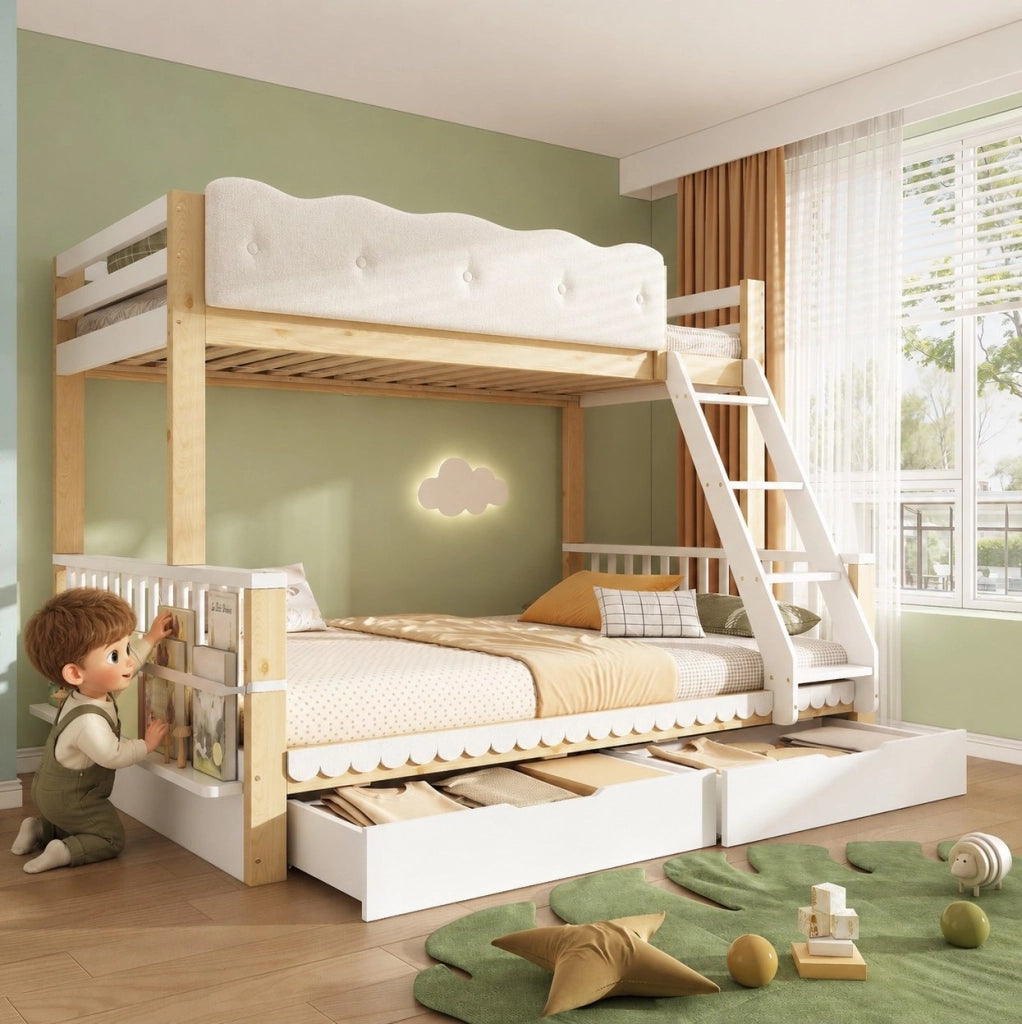 Letto a castello 90x200 e 140x200 cm con 2 cassetti e portariviste; pino e truciolare; bianco e rovere