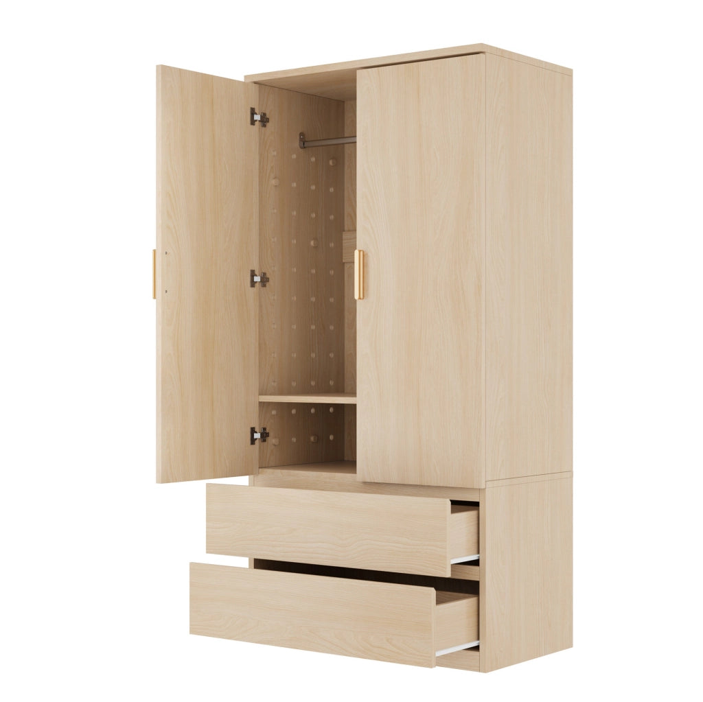 Armadio multifunzionale 70x50x170 cm con pannello forato laterale, cassetti nascosti e spazio appendiabiti, colore legno