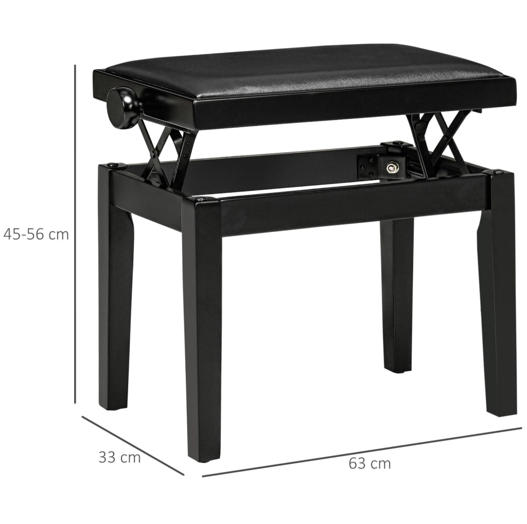 Panchetta per pianoforte regolabile in altezza con seduta in ecopelle nera, struttura in legno di gomma, 63 x 33 x 45-56 cm