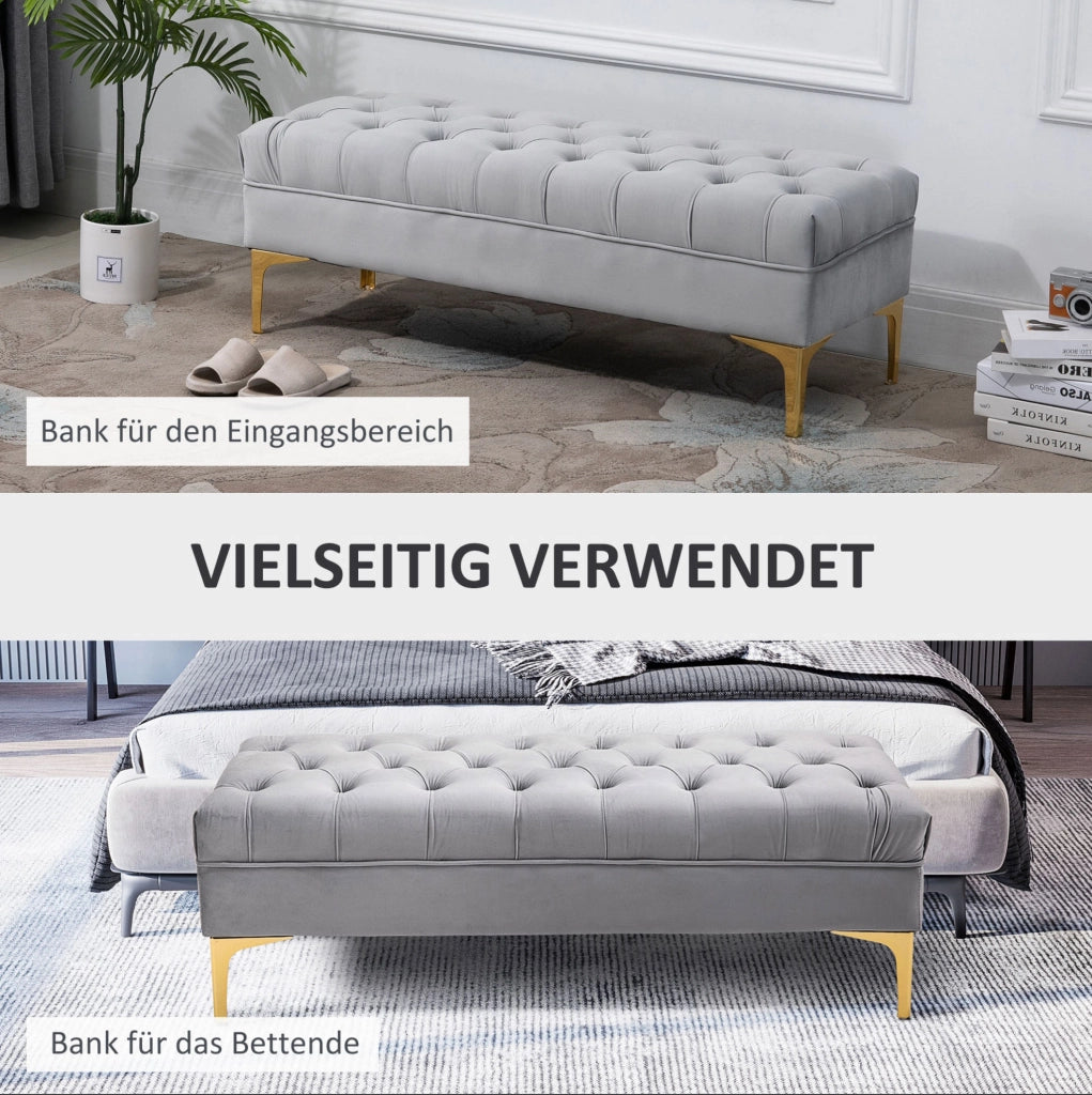 Panca imbottita 118x45x42 cm in velluto grigio chiaro con gambe dorate