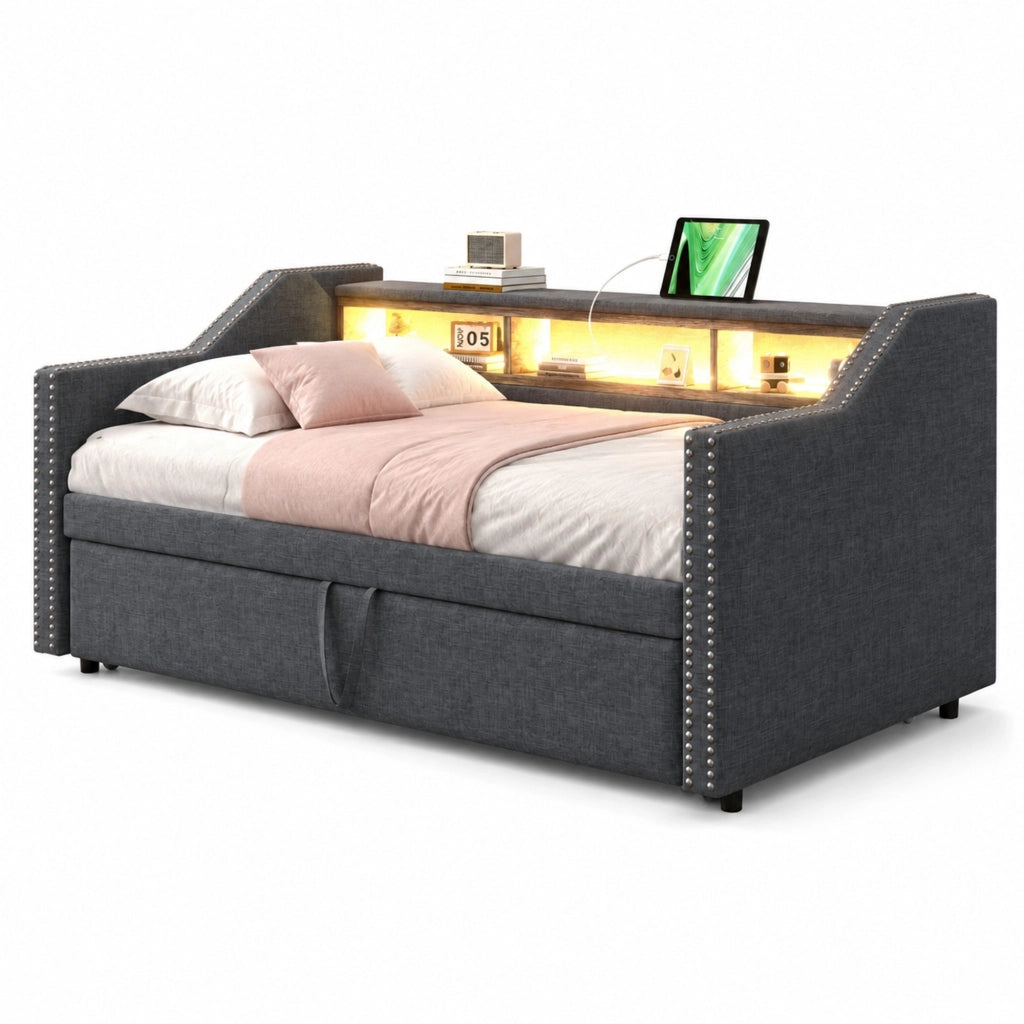 Letto imbottito estraibile con contenitore laterale e USB