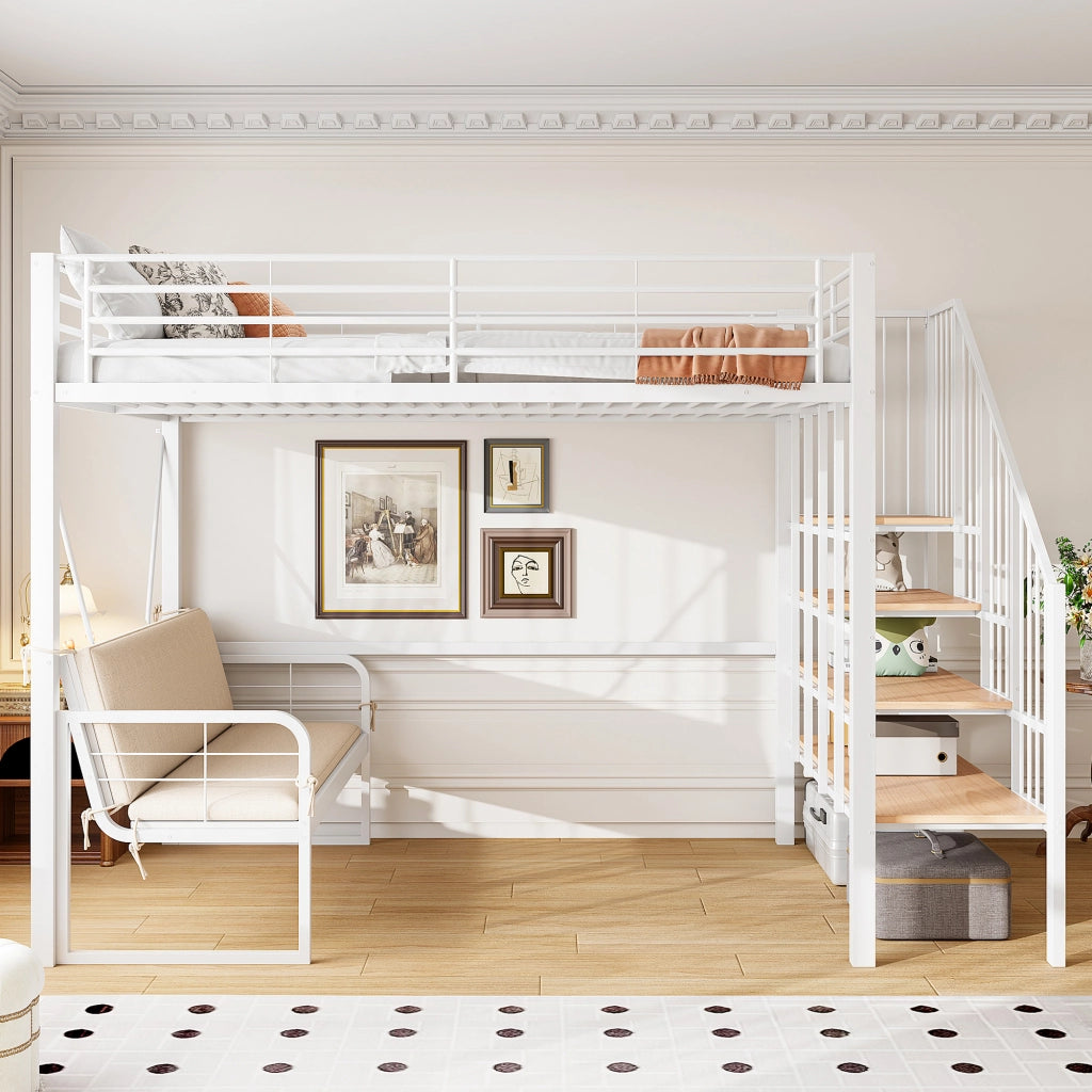 Letto a castello 140 × 200 cm 2 posti; scala contenitore e divano removibile; senza materasso; bianco