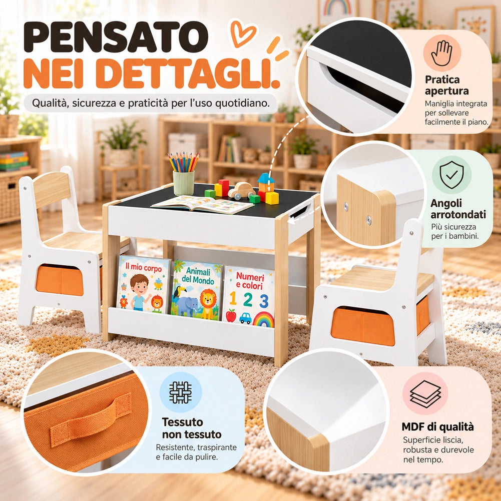 Set Tavolino per Bambini e Sedie 4 in 1 Sedie in Legno Piano Bianco e Arancione
