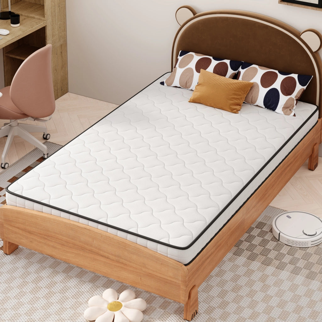 Materasso a molle 90x200 cm; spessore 10 cm; design ergonomico; arrotolato; tessuto bianco