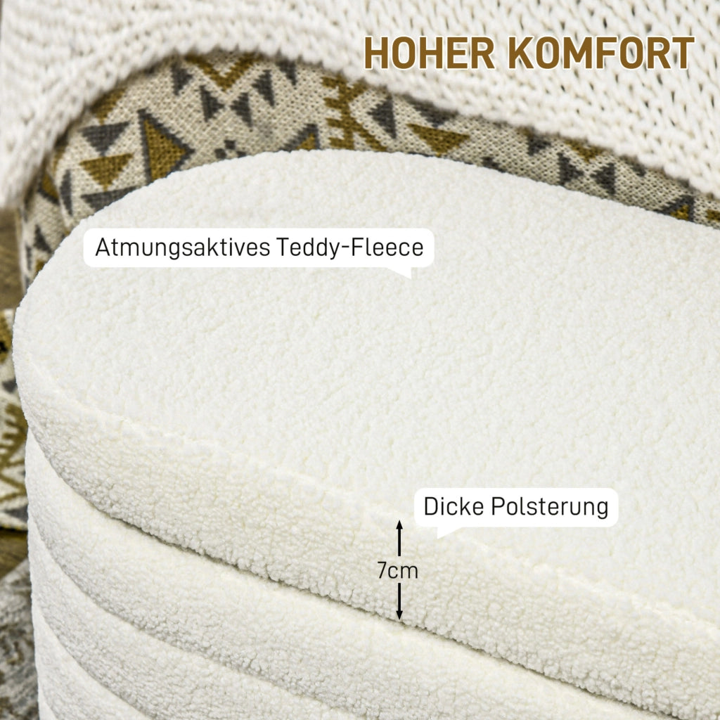 Panca da letto con contenitore in Teddy-Fleece crema 116x41x40,5 cm, struttura in legno di eucalipto, portata 120 kg