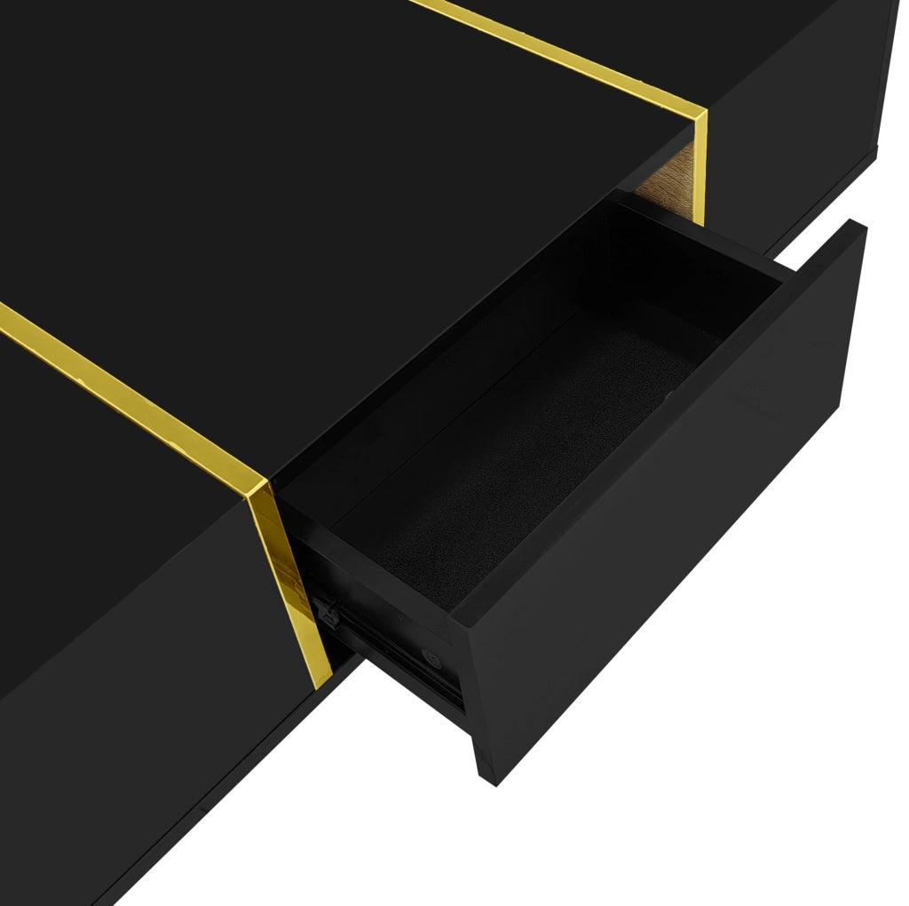 Tavolino da salotto moderno nero lucido con 2 cassetti e dettagli dorati, 100x60x41,5 cm