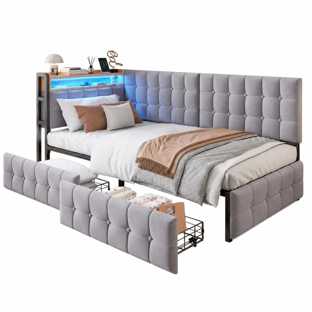 Divano letto imbottito 90x200 con 2 cassetti; LED; USB e Type-C; grigio