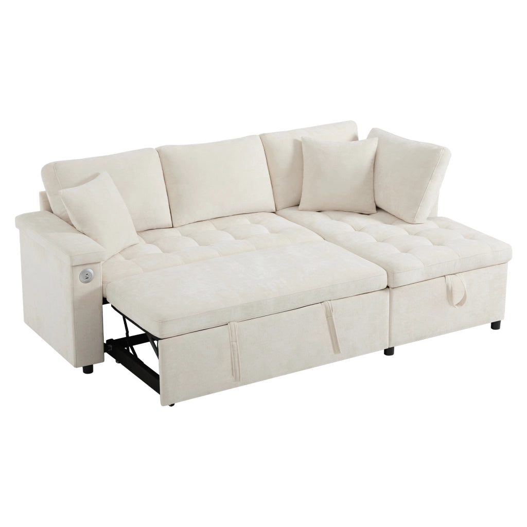 Divano angolare 3-4 posti con letto estraibile, contenitore e USB in chenille beige