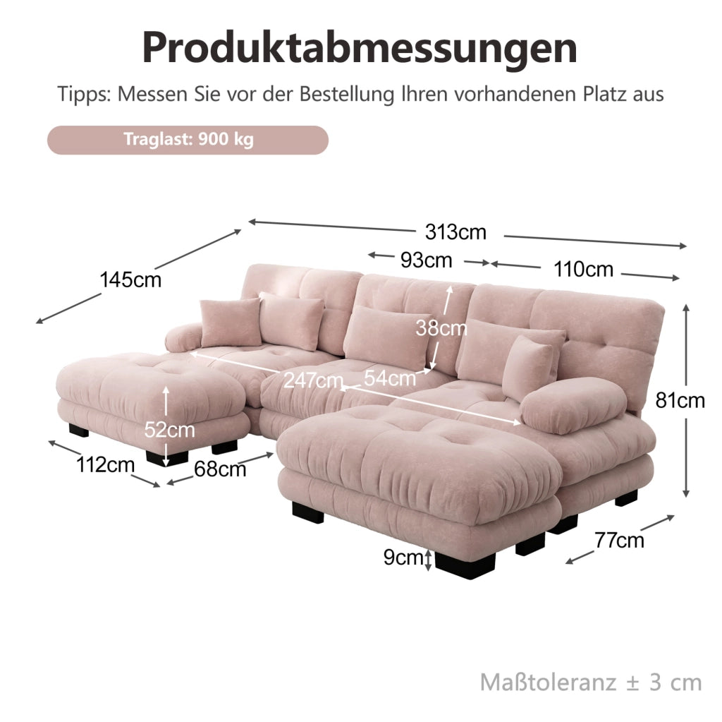 Divano modulare in ciniglia rosa con ottomane mobili; 313×145×81 cm