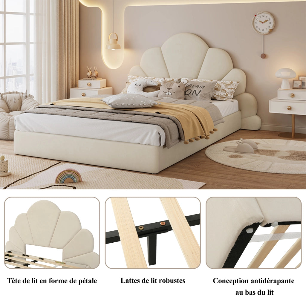 Letto matrimoniale imbottito 140 ¡Á 200 cm in velluto beige con testiera a forma di fiore e rete a doghe