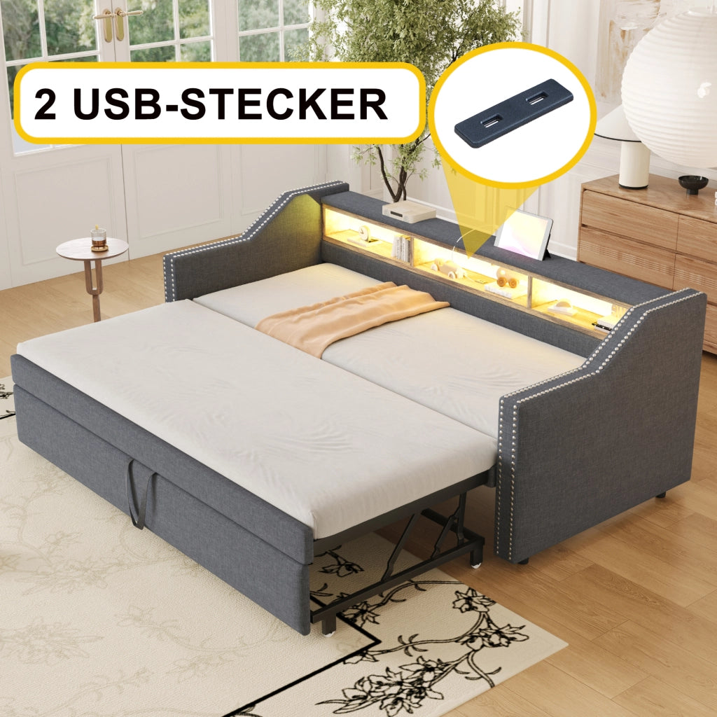 Letto estraibile matrimoniale 90×190 cm e 180×190 cm con 3 ripiani; USB; rete; senza materasso; grigio scuro