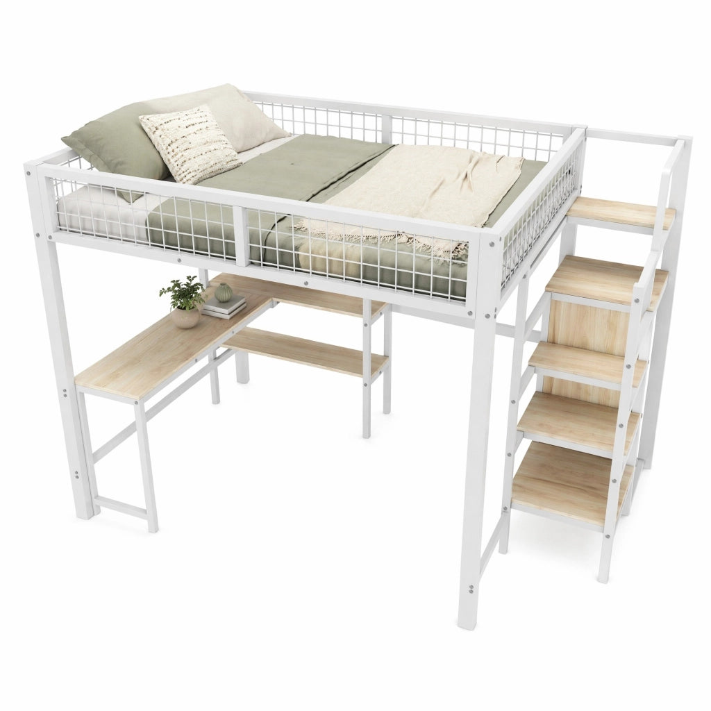 Letto a soppalco 140x200 cm per adulti con scrivania; ripiani e armadio integrato; metallo e MDF bianco