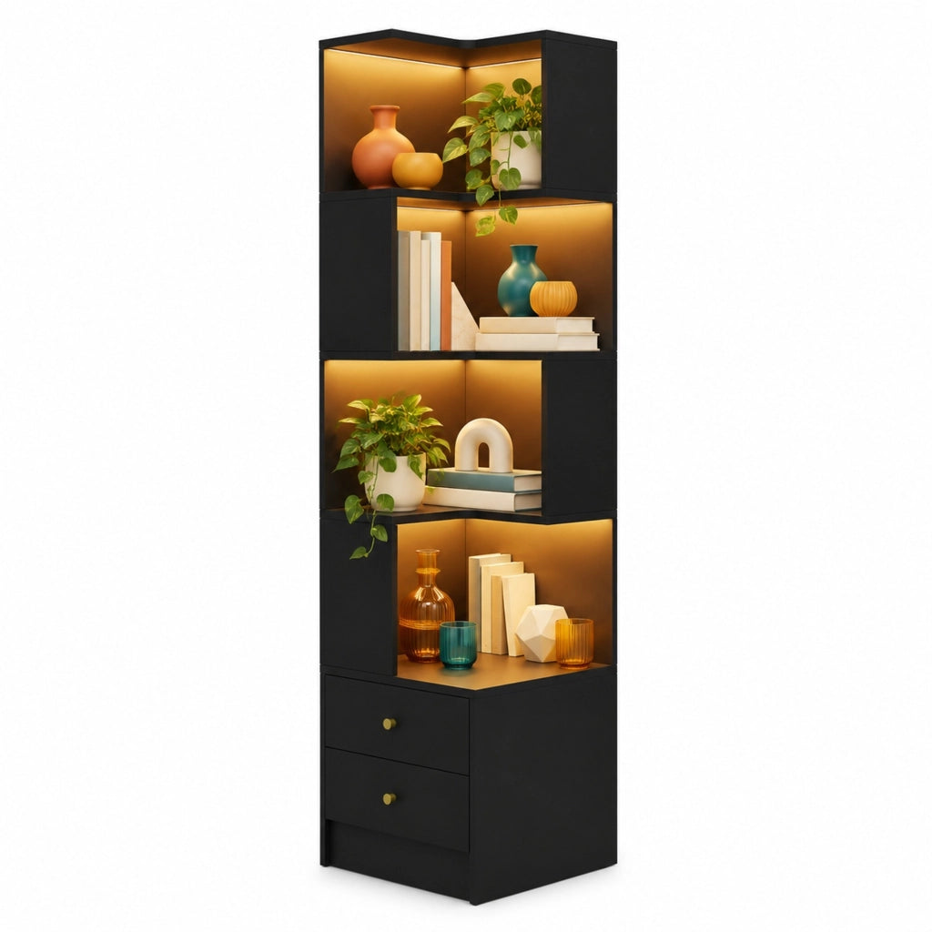 Libreria angolare a L 45x43,5x180 cm con LED controllabile da app e 2 cassetti nera HAVRYA