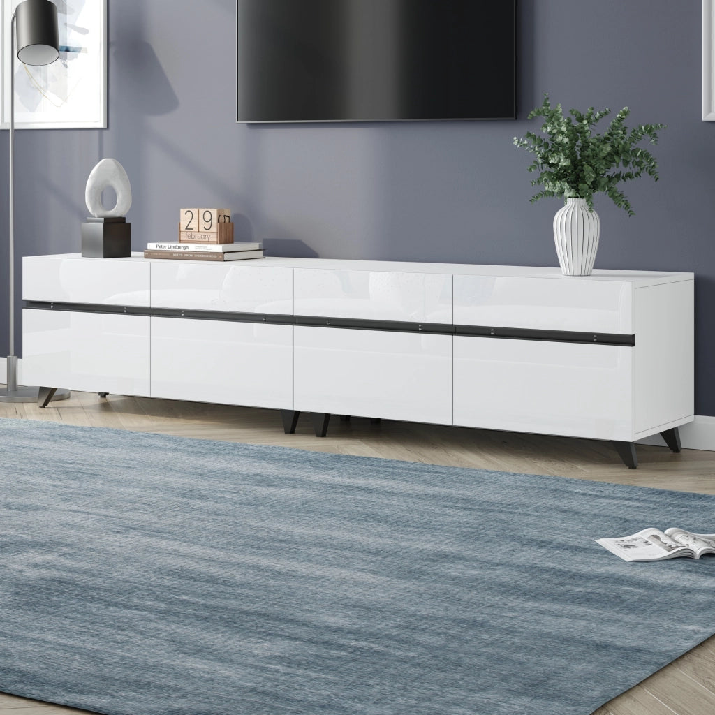 Mobile TV 180x40x49 cm con 4 ante e ripiani regolabili in MDF; bianco con linee nere