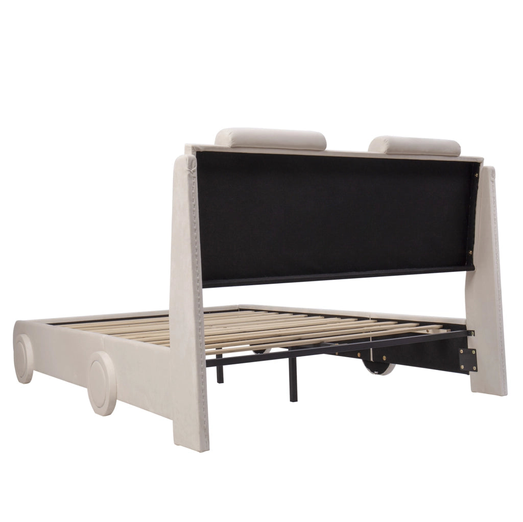 Letto Imbottito per Bambini a Forma di Auto 140 x 200 cm Beige in Flanella - Senza Materasso