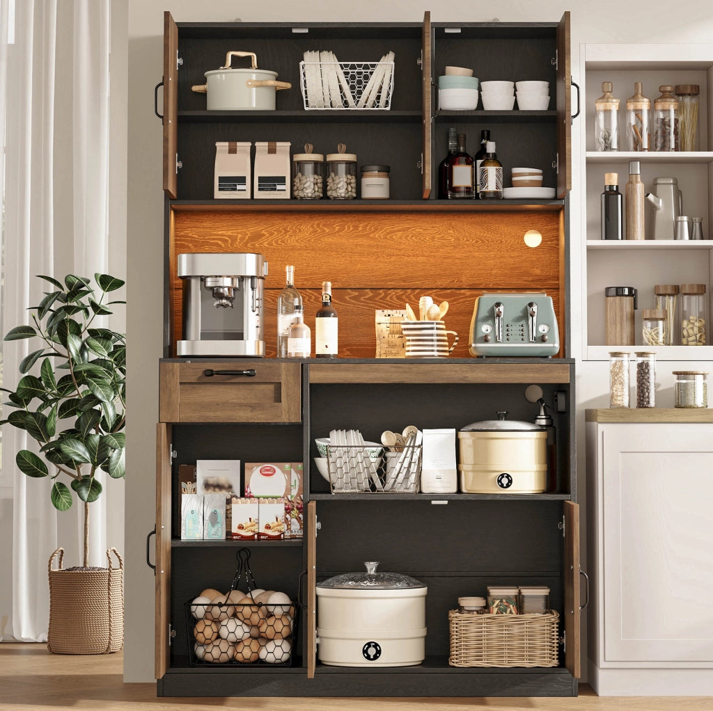 Credenza da cucina 110x40x180 cm in MDF naturale e nero con LED e prese