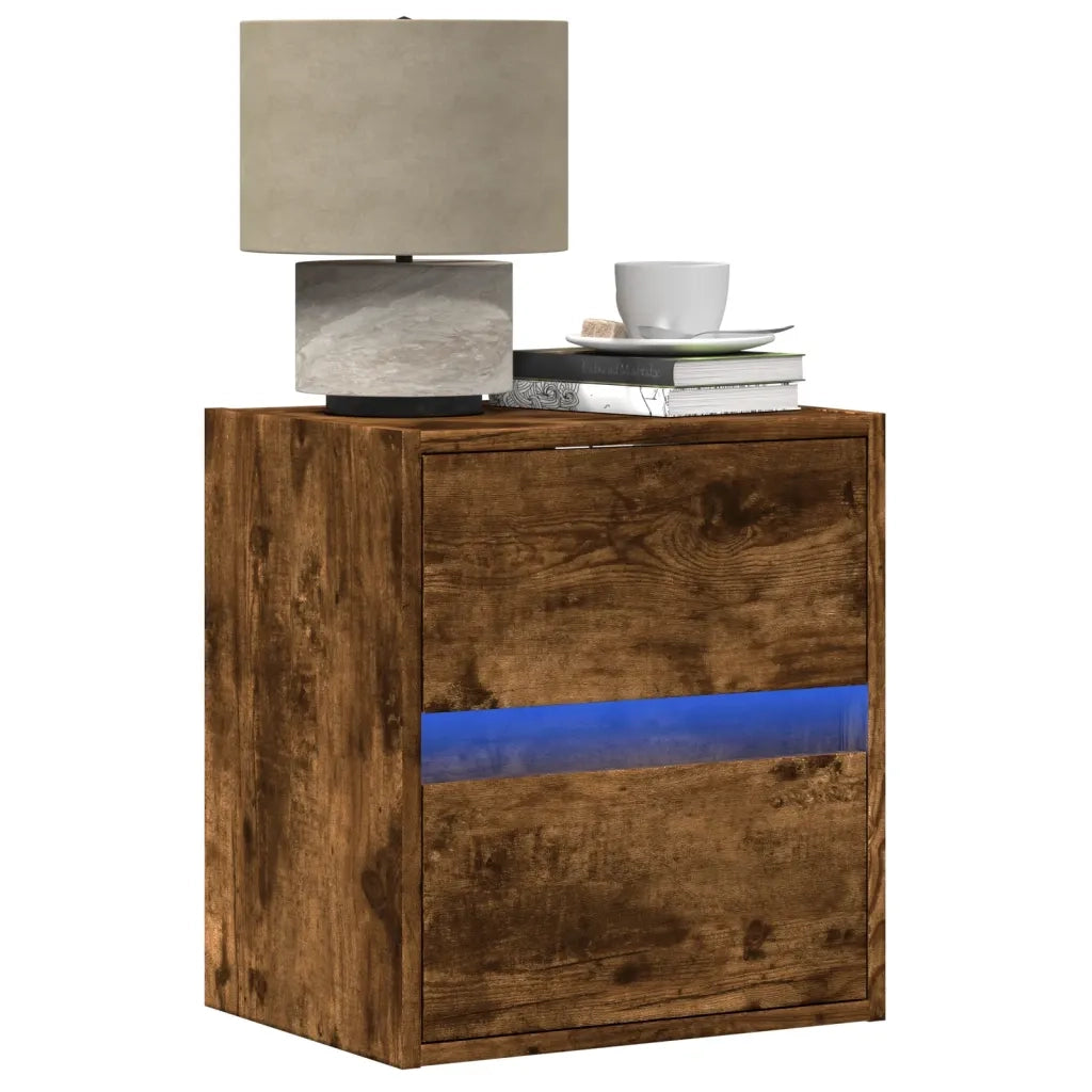 Comodino | Armadio da Notte | Mobiletto da notte a Parete con luci LED Rovere Fumo