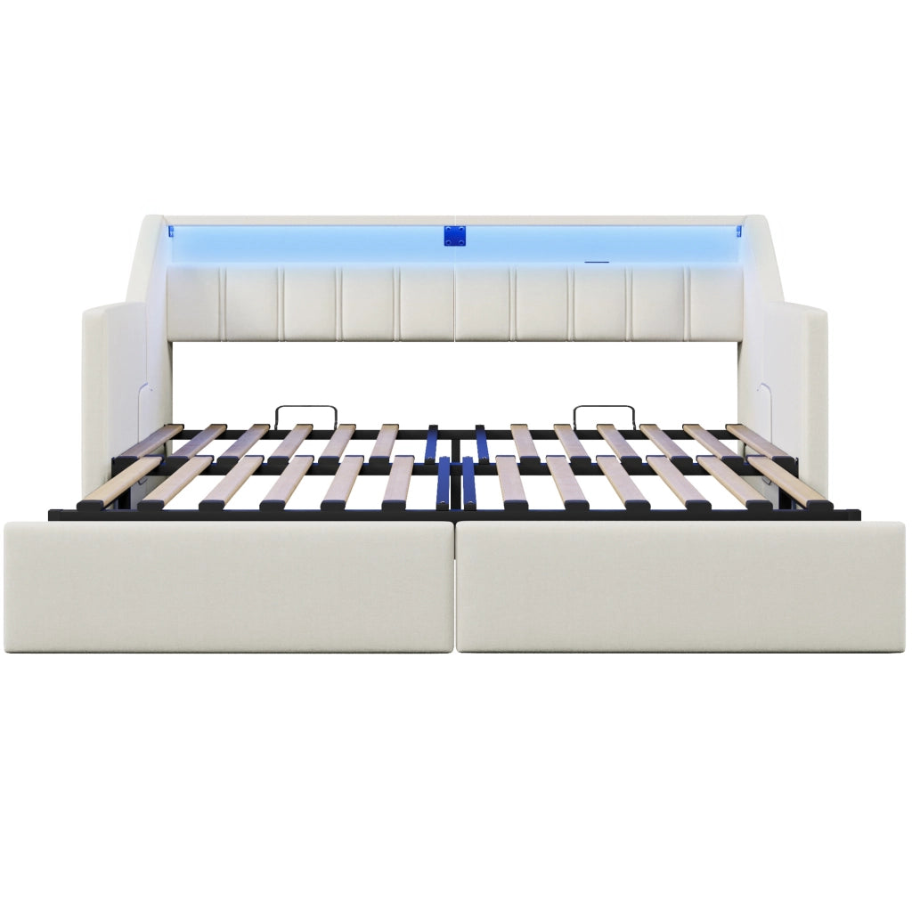 Letto daybed multifunzionale 90 x 200 cm con USB, Type-C, LED e 2 cassetti beige