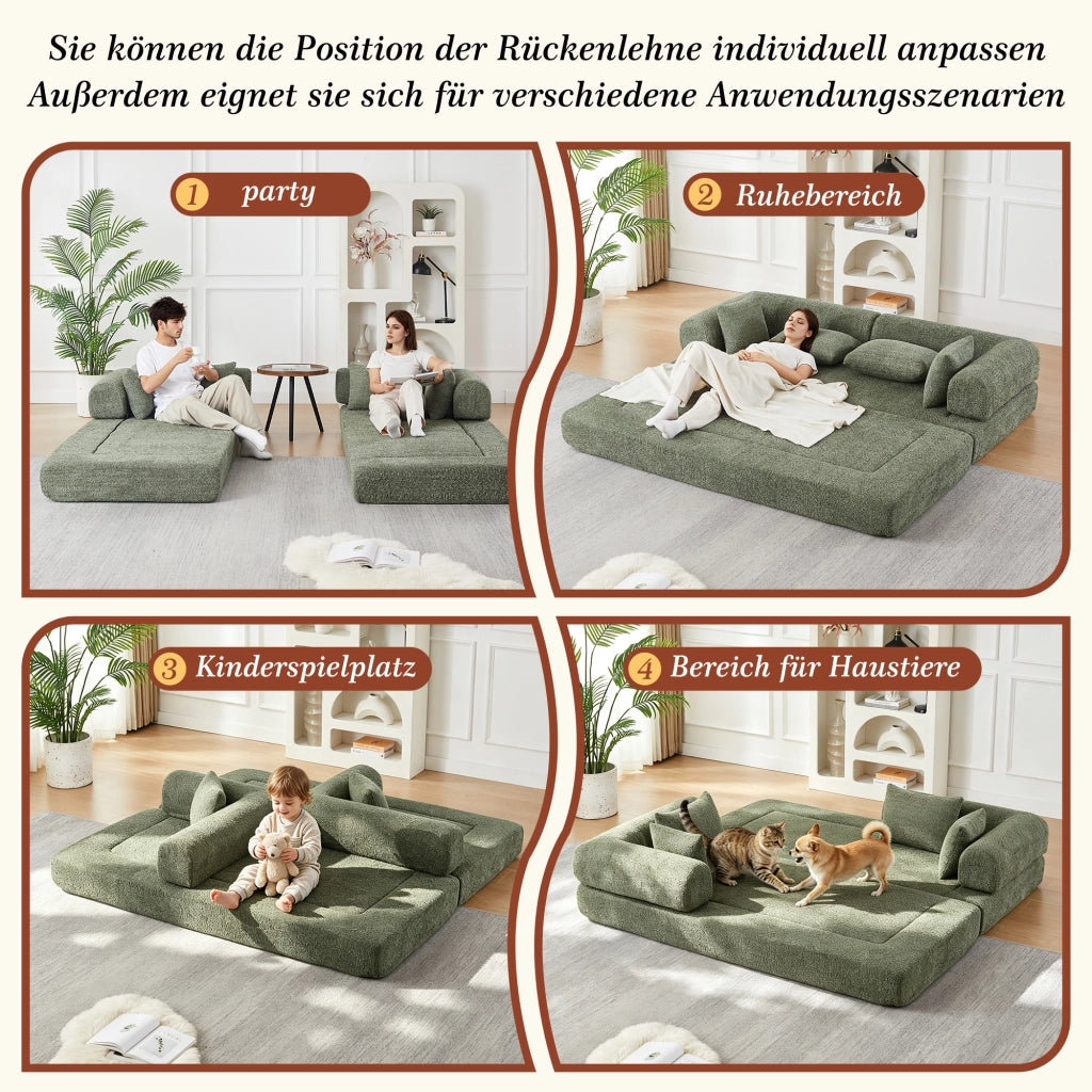 Divano modulare 4 in 1 con schienale regolabile, funzione letto e 4 cuscini, antiscivolo in ciniglia verde