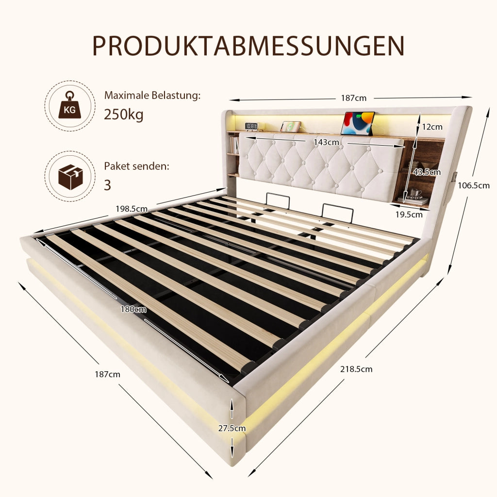 Letto matrimoniale 180x200 cm con contenitore idraulico; LED; 2 USB e Type-C; velluto beige