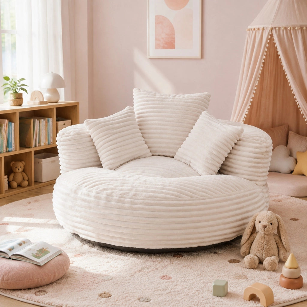 Poltrona sacco in velluto a coste con schienale alto e braccioli; beige; 108x108x52 cm