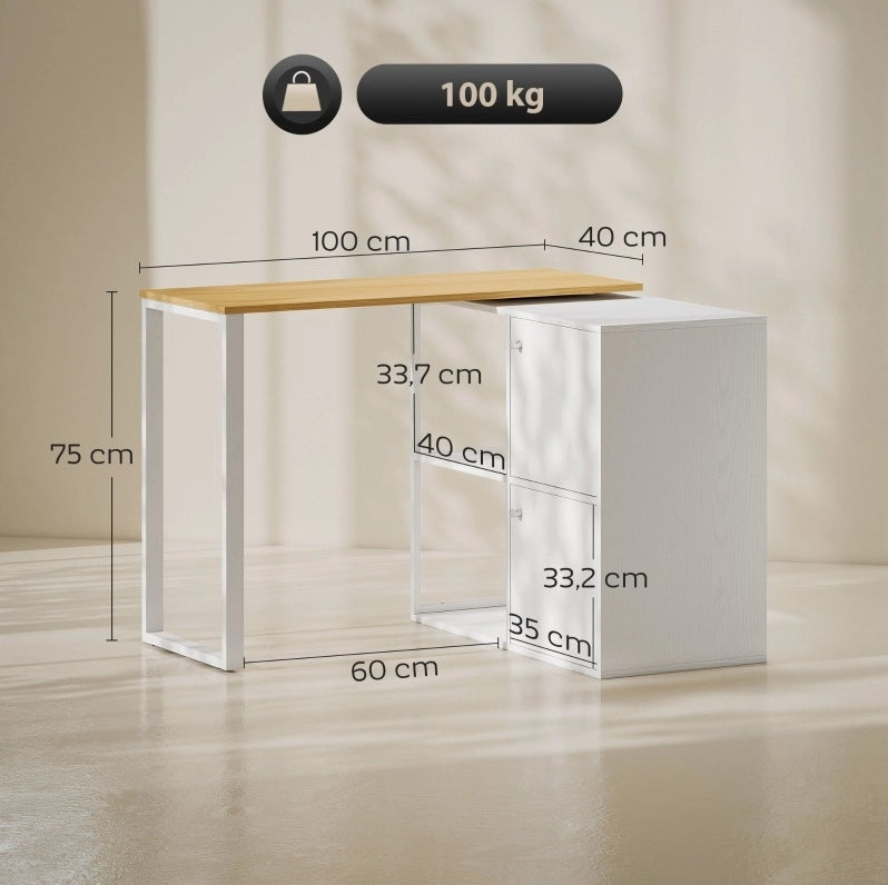 Scrivania angolare girevole a 360°, con 2 armadietti e 2 ripiani aperti, per spazi ridotti, 150x40x75 cm, bianco e impiallacciatura legno chiaro