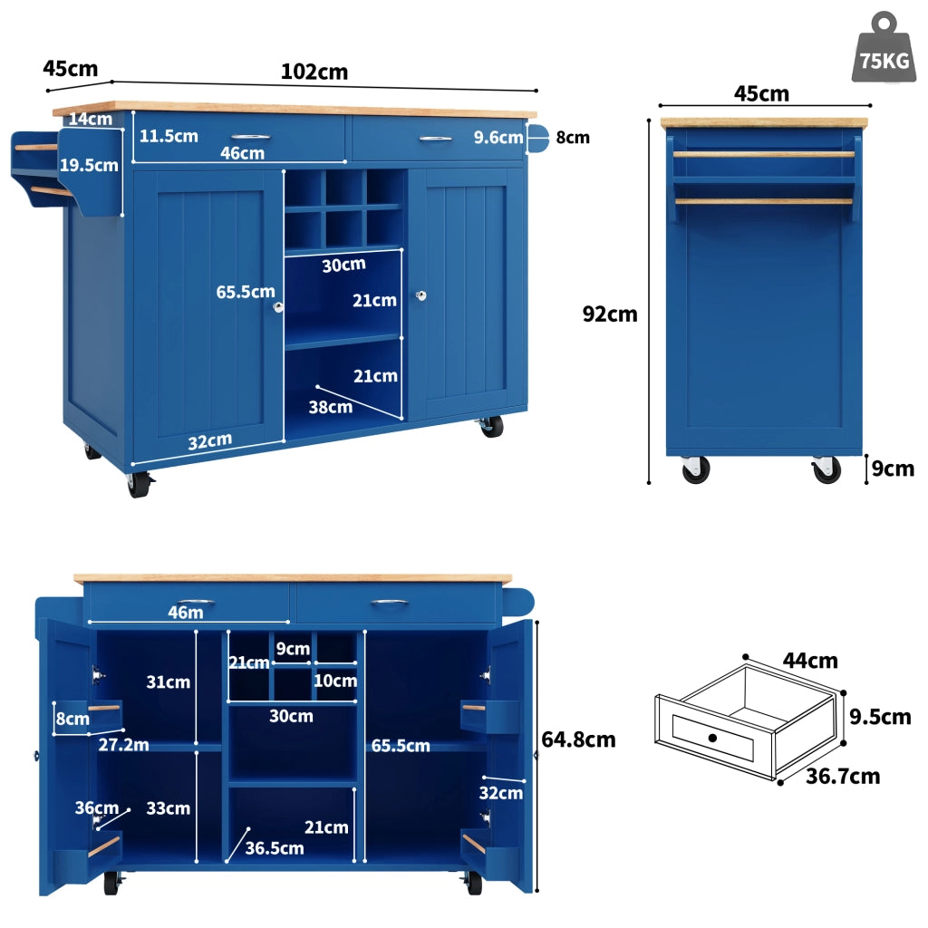 CARRELLO DA CUCINA 102x45x92 cm Blu in MDF e metallo