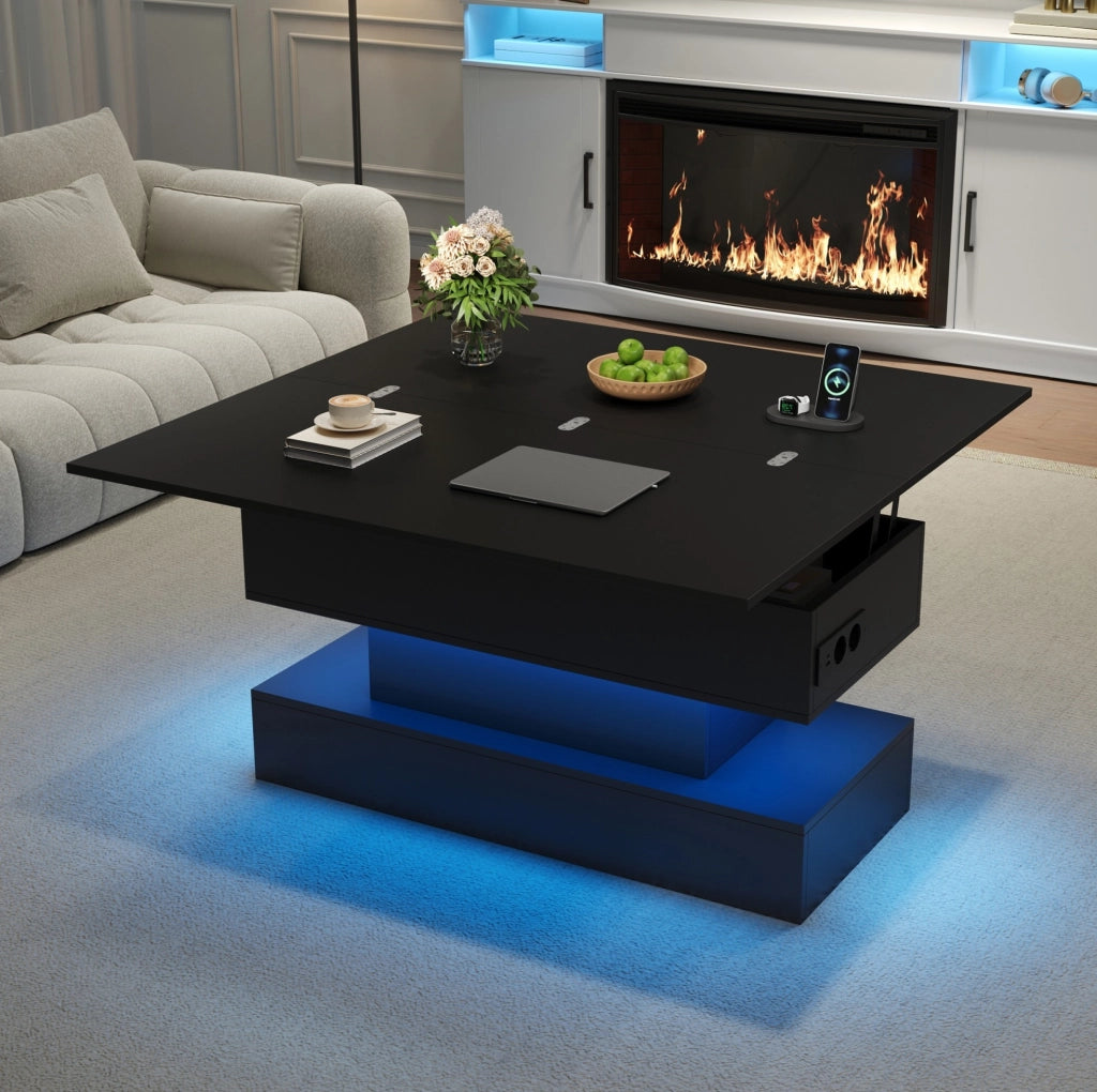 Tavolino da salotto sollevabile 100x50x51;5 cm con LED; presa integrata e spazio contenitore; nero