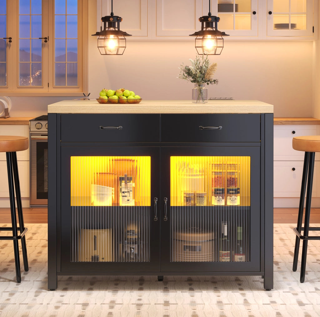 Isola da cucina 100x80x90 cm in MDF e vetro nero con LED e contenitore