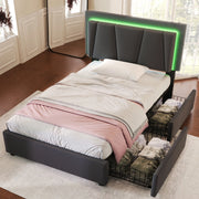 Letto singolo 90 × 200 cm con LED e 2 cassetti testiera regolabile in lino grigio senza materasso