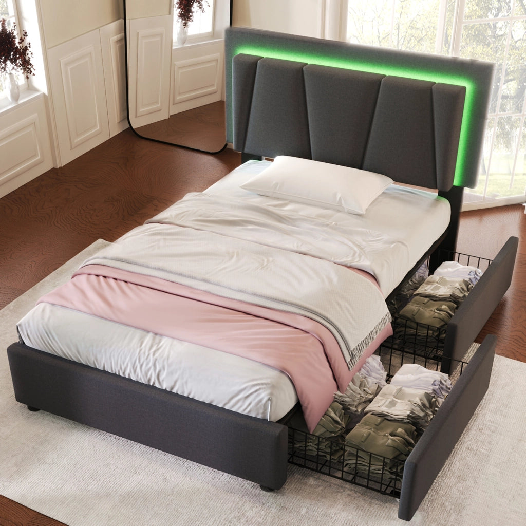 Letto singolo 90 × 200 cm con LED e 2 cassetti testiera regolabile in lino grigio senza materasso