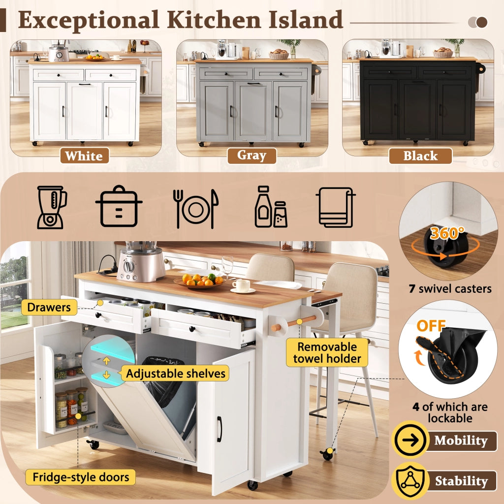 Mobile base da cucina su ruote con piano estraibile prese e vano rifiuti MDF bianco 120 × 40-75 × 92 cm