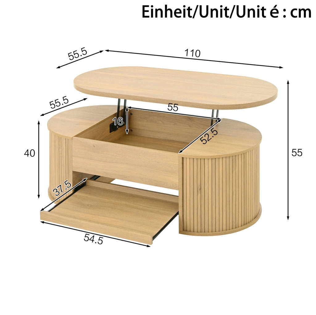 Tavolino da salotto in MDF regolabile in altezza con mensola estraibile, finitura effetto legno, 110x55,5x40 cm