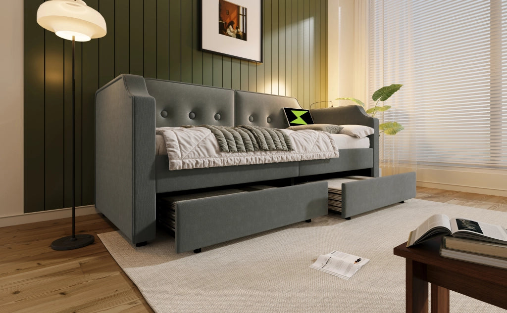 Letto singolo imbottito 90 × 200 cm con cassetti USB Type C lampada da lettura velluto grigio rete a doghe