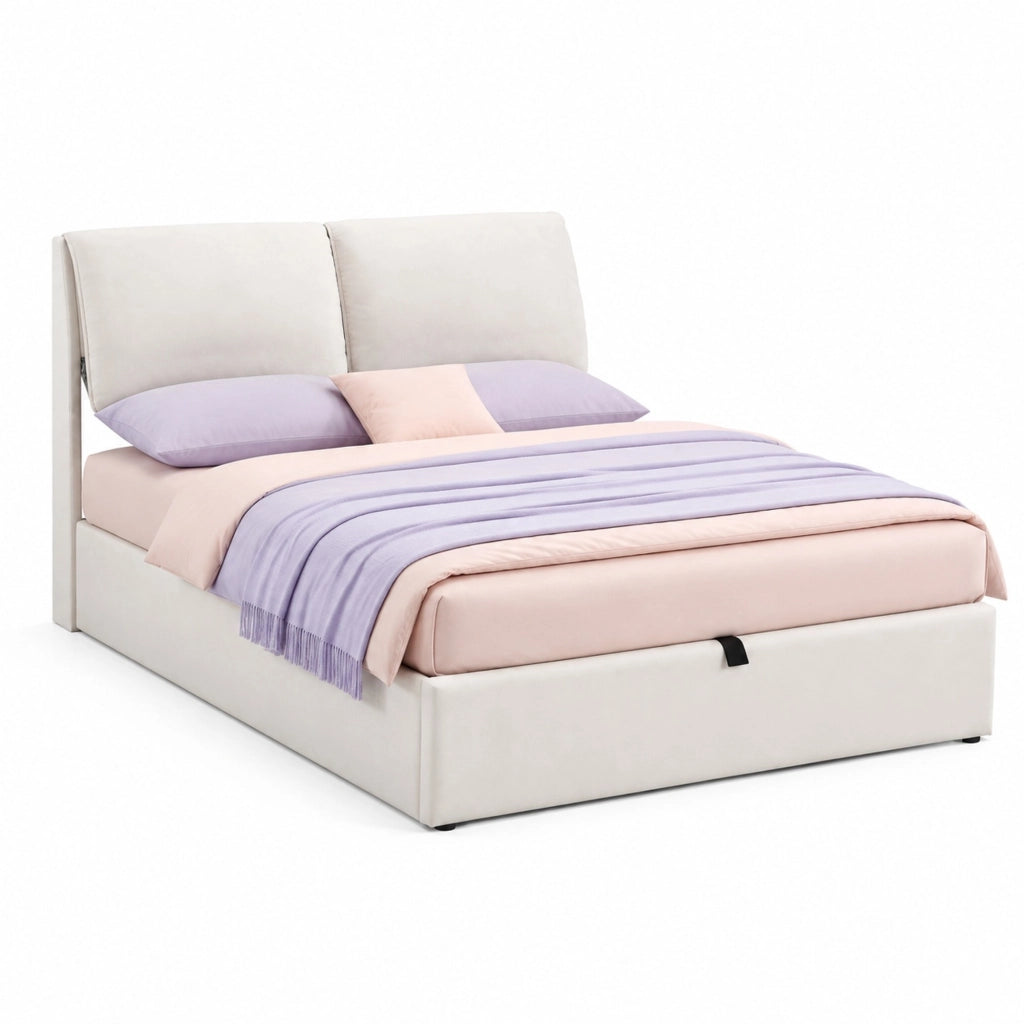 Letto matrimoniale contenitore 140 × 200 cm con tre cassetti in velluto beige e testiera regolabile