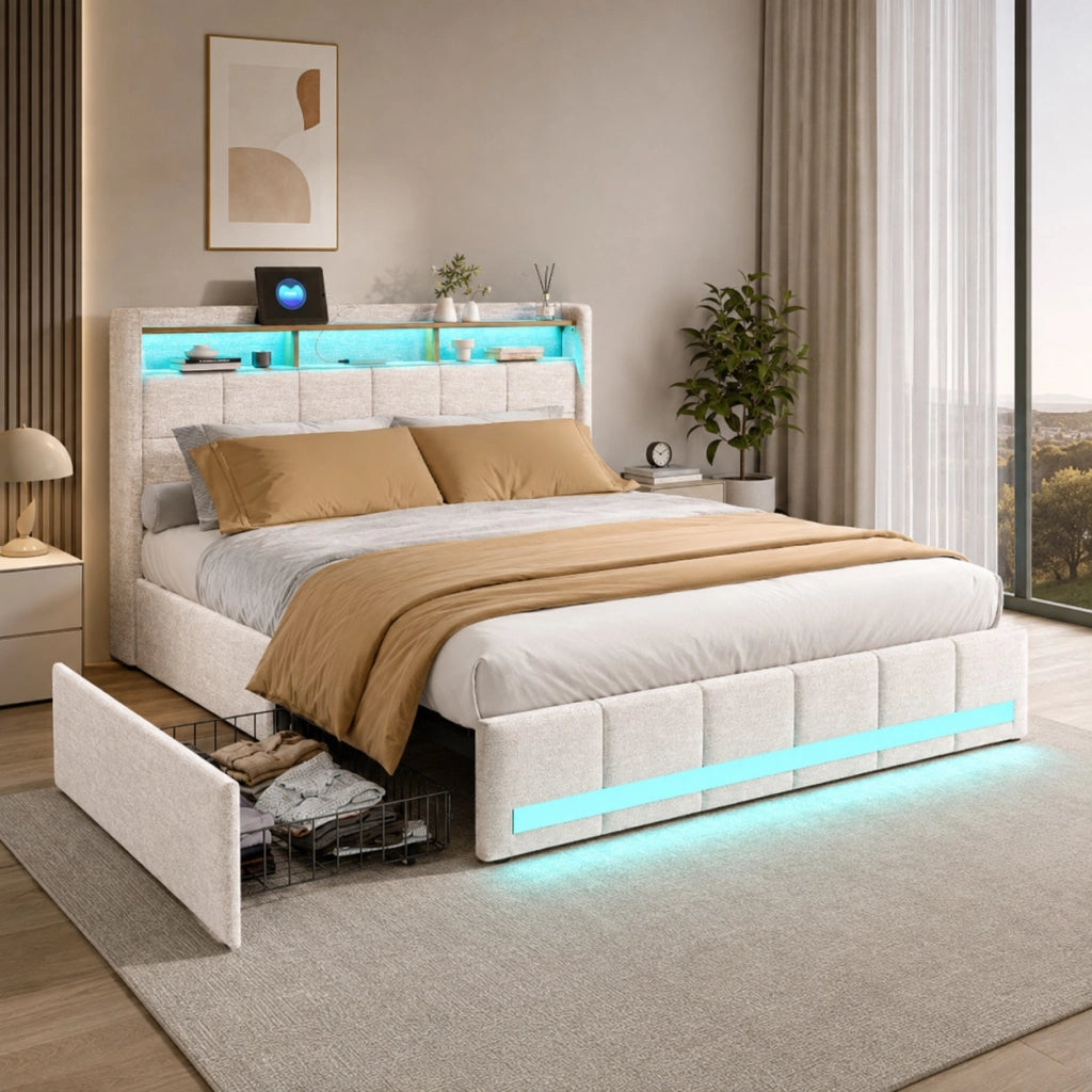 Letto matrimoniale imbottito 180x200 cm con 4 cassetti ; letto Contenitore con LED e USB; letto funzionale letto adulti ;Lino Beige