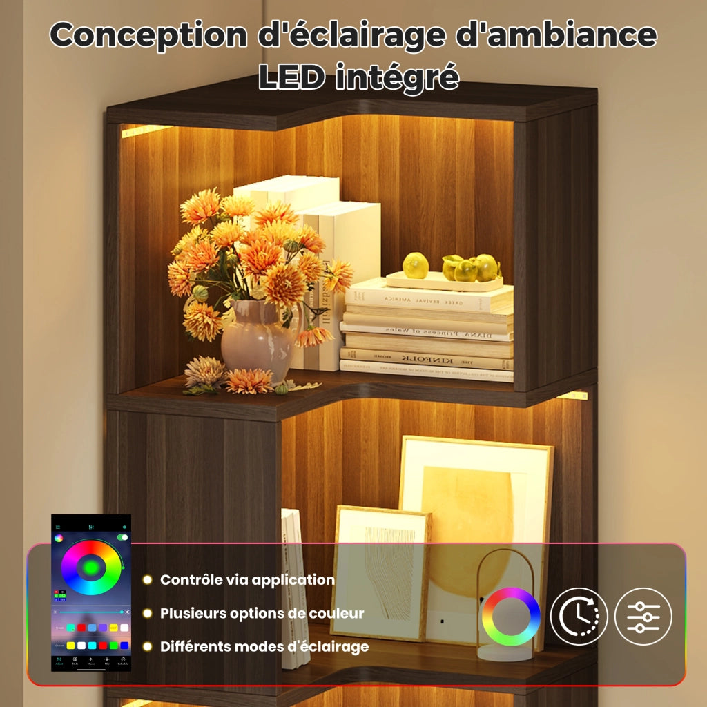 Libreria angolare a L con 4 ripiani aperti e 2 cassetti LED controllati da app in MDF marrone 45 × 43.5 × 180 cm