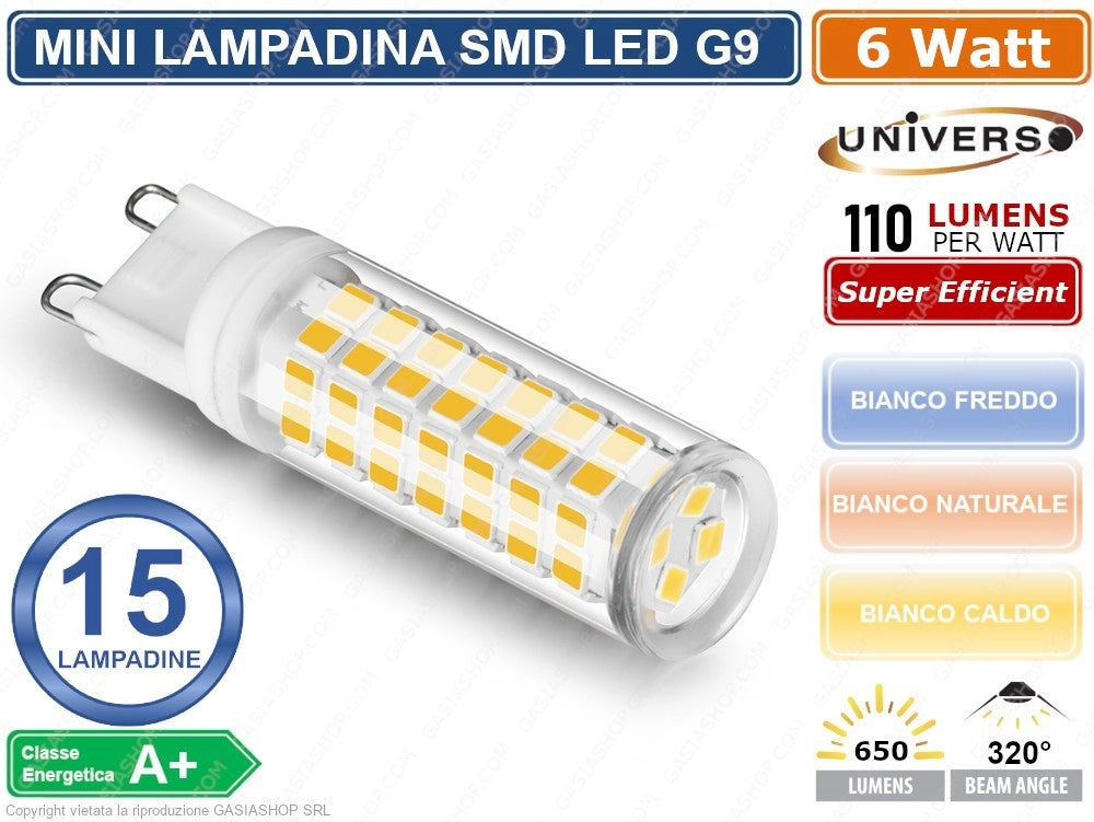 CONFEZIONE 15 MINI LAMPADINA CORN TUBOLARE LED SMD 2835 G9 6W WATT 680 LUMEN - Colore Luce:Bianco Freddo